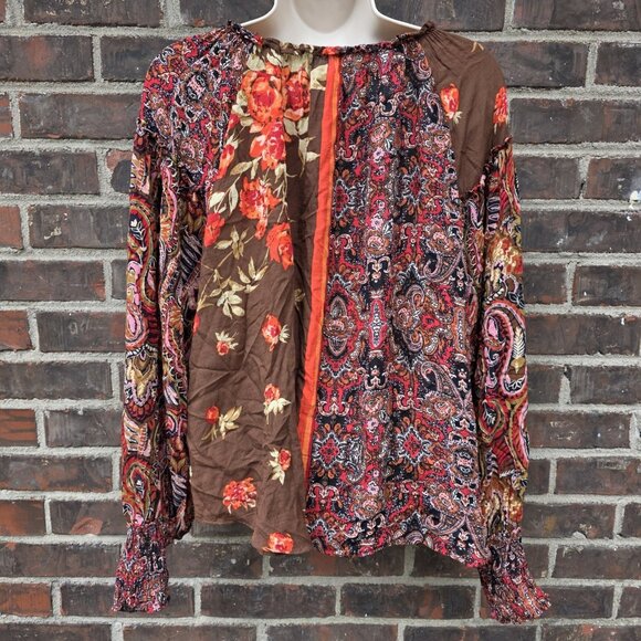 Free People Size Small Brown Red Fall Paisley Floral Peasant Blouse - Picture 2 of 7